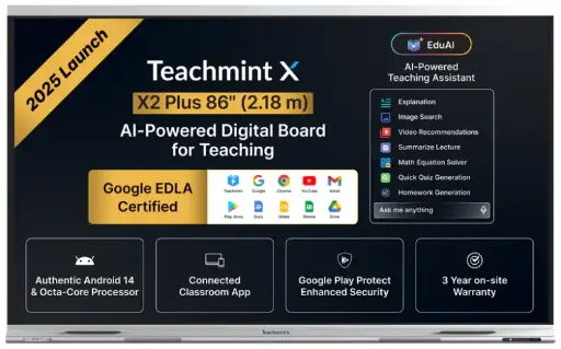 Teachmint X - X2 Plus Series | Interactive Flat Panel 86 Inch | Google EDLA Certified | Android 14 | 8GB, 128 GB| Octa-Core 