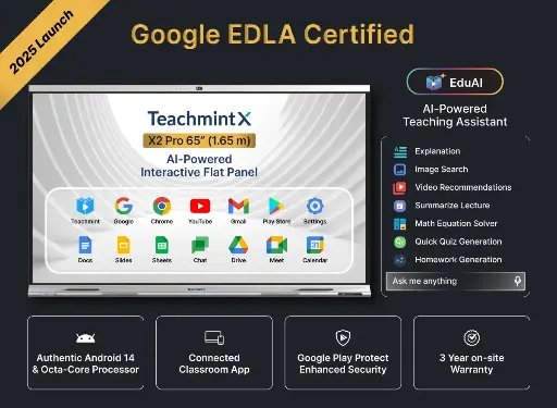 Teachmint X - X2 Pro Series | Interactive Flat Panel 65 Inch | Google EDLA Certified | Android 14 | 8GB, 128 GB| In-Built AI Camera & 8 Array Mic, Octa-Core |
