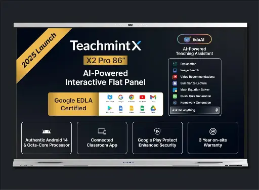 Teachmint X - X2 Pro Series | Interactive Flat Panel 86 Inch | Google EDLA Certified | Android 14 | 8GB, 128 GB| In-Built AI Camera & 8 Array Mic, Octa-Core |